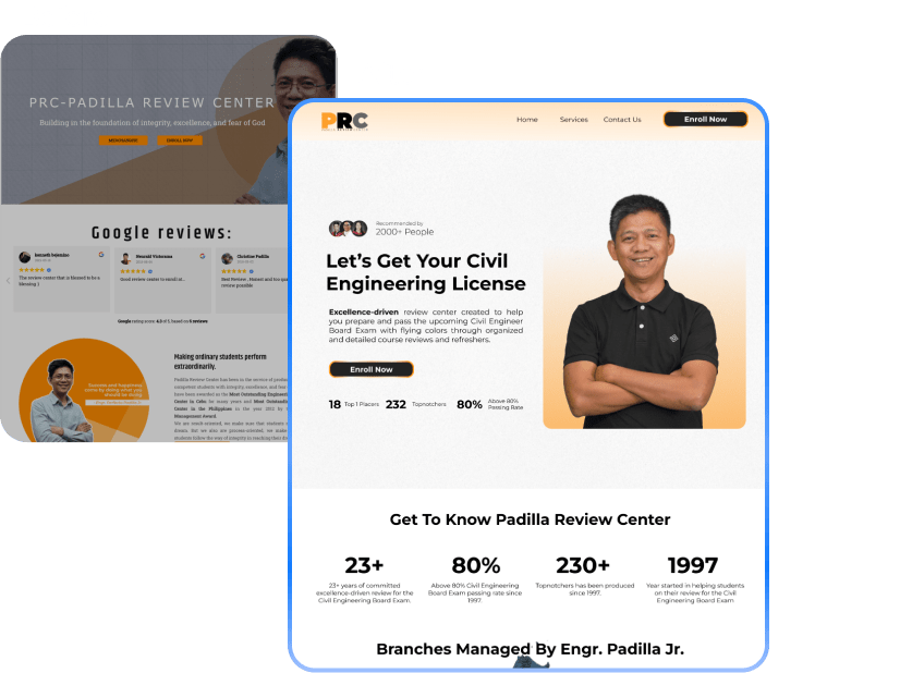 Padilla Review Center before & after of landing page